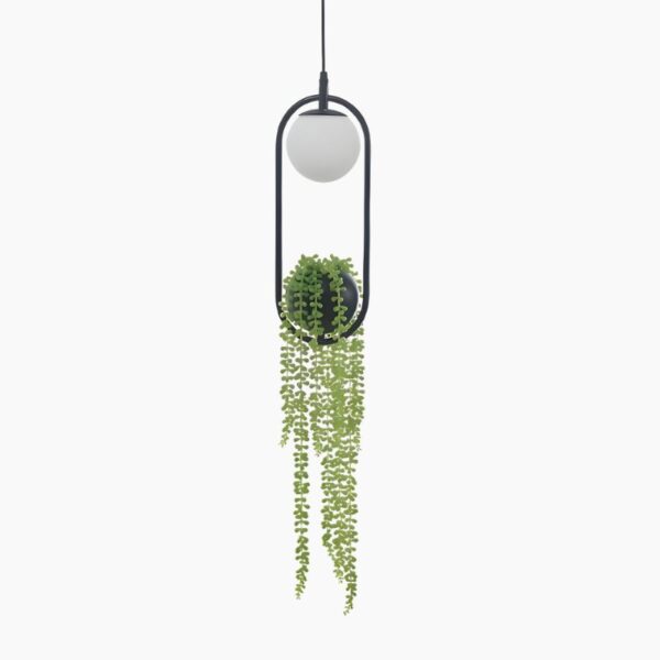 Suspension design en métal noir avec plante verte