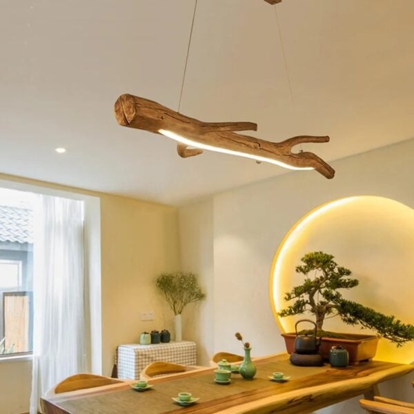 Lustre branche résine effet bois flotté avec bande LED