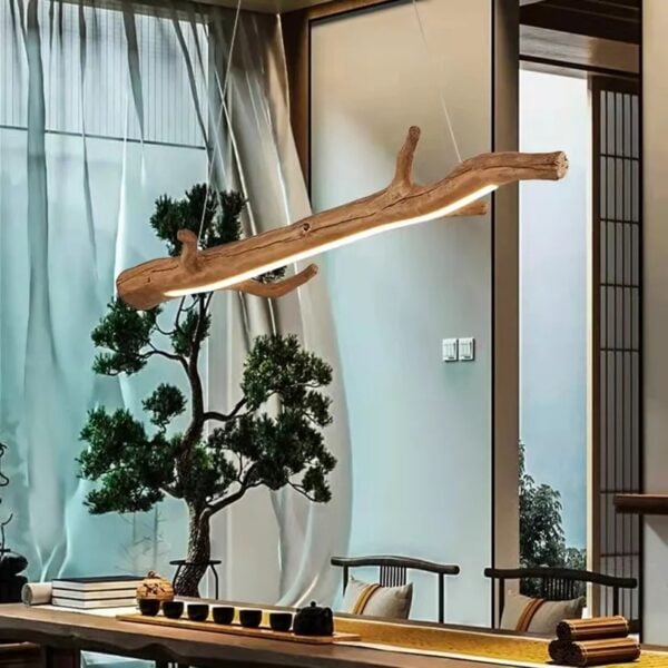Lustre branche résine effet bois flotté avec bande LED