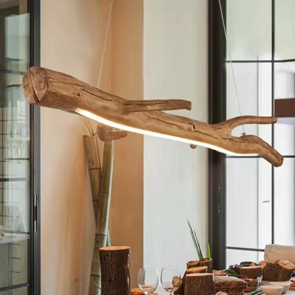 Lustre branche résine effet bois flotté avec bande LED