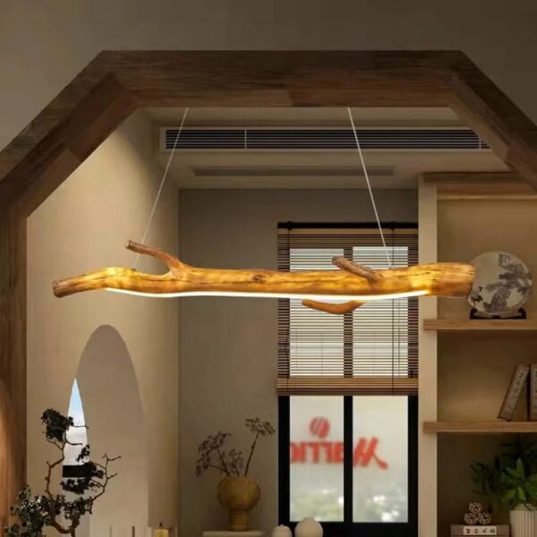 Lustre branche résine effet bois flotté avec bande LED